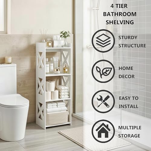 4-Tier Narrow Corner Bathroom Floor Stand, Waterproof PVC, White | Storage Shelf, Rack, Holder, Fits Tight Spaces, for Toilet Side, Laundry, Shower, Kitchen Spice Rack, Easy to Clean, 37”H - size: 4 Tier