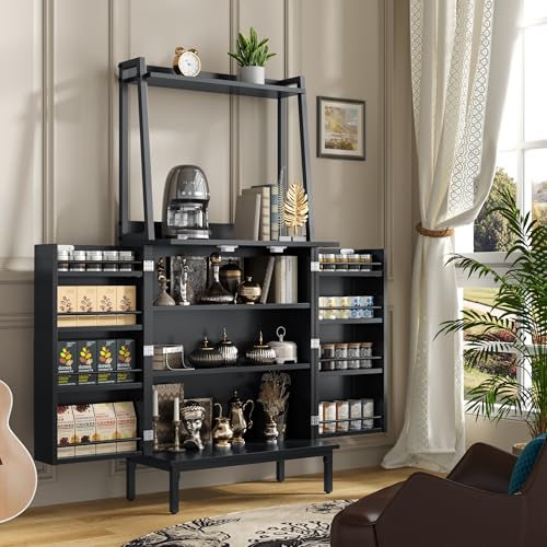 kepptory 51" Kitchen Baker's Rack with Storage, Microwave & Toaster Oven Stand, Freestanding Coffee Bar Station with Wine Glass Holder & Side Storage Shelves, Black - color: 51“h-black, size: 51"H