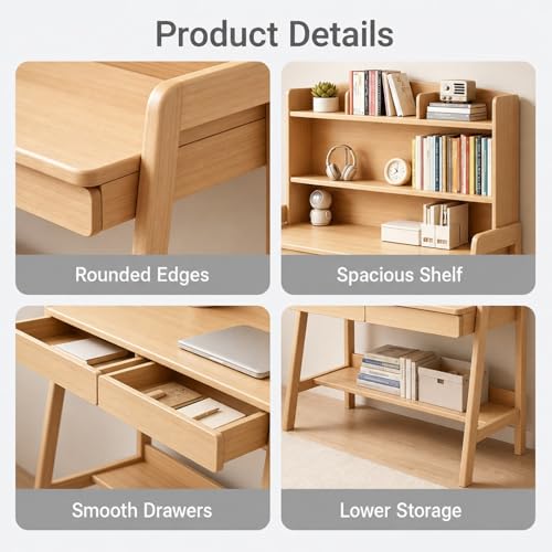 Solid Wood Desk with Hutch, 36.6" Home Office Writing Desk with 2 Drawers & Open Bookshelf, Study Table with Rounded Edges & Thickened Panel, Ideal for Kids/Adults Bedroom, Small Space