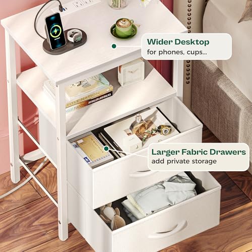 Huuger Night Stand with Charger Station and LED Lights, 2 Drawer Nightstand, Bed Side Table with Open Shelf, End Table, Fabric Dresser for Bedroom, PU Leather, White - color: White, size: 11.8"D x 15.7"W x 23.6"H（2 Drawers）