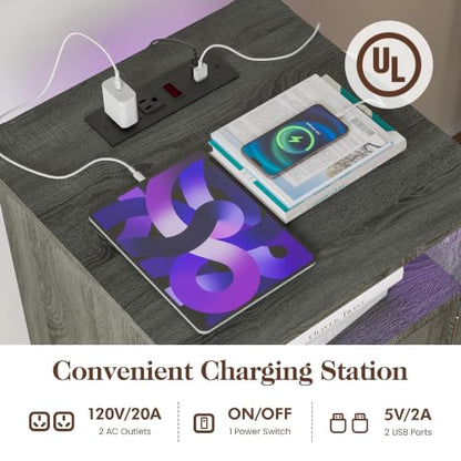 Nightstands Set of 2, Bedside Tables with Charging Station & LED Lights,25 inch Farmhouse Bedside Tables with Storage Cabinet, Open Shelf & Color Changing Lights, Rustic Wooden End Tables, Dark Gray
