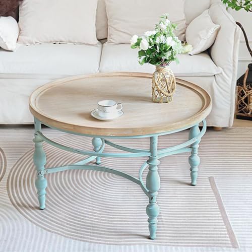 Rustic Farmhouse Round Coffee Table, French Country Vintage Center Table,φ31.5'' x18.9''H Rustic Solid Wood with Vintage Iron Legs, for Living Room, Bedroom,Dinning Room,Nature White - size: Large
