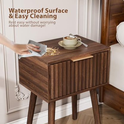 VINGLI Night Stand Set 2, Fluted Nightstands with Drawer, Mid Century Modern Nightstands Set of 2, Bedside Table, End Table, Wood Nightstand for Bedroom, Walnut, 15.75" W*11.81" D*21.85" H - color: Walnut, size: 15.7"W-1 Drawer