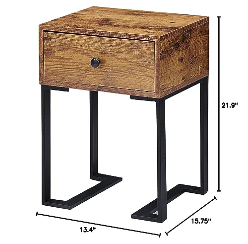VECELO Nightstand with Storage Drawer, End/Side Table for Bedroom, Sturdy Metal Frame