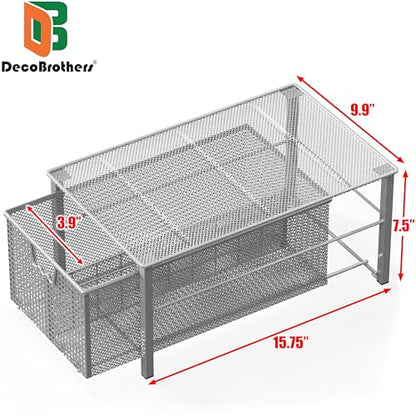 Deco Brothers Stackable Pull Out Cabinet Sliding Basket with Divider, Large | Under Sink Organizer, Silver - color: Silver