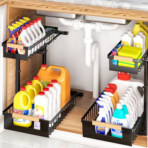 Under Sink Organizers and Storage, 2 Pack L-Shaped Pull Out Cabinet Organizer, 2 Tier Sliding Storage Rack with Adjustable Height, Metal Under Sink Shelf for Kitchen, Bathroom, Pantry, Black - color: Black-2 Pack