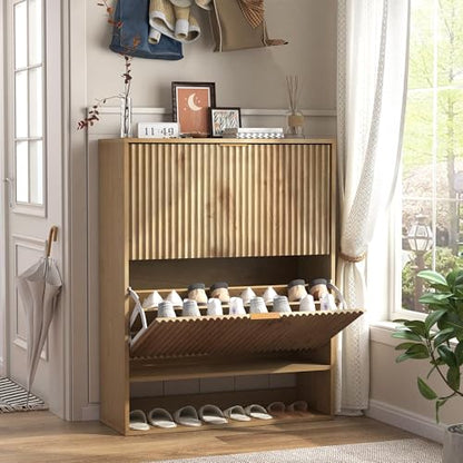 GarveeHome Fluted Shoe Storage for Entryway, Slim Narrow Shoe Cabinet with 2 Flip Drawers, Open Bottom Shelf & Side Hooks, Freestanding Shoe Organizer for Hallway Foyer