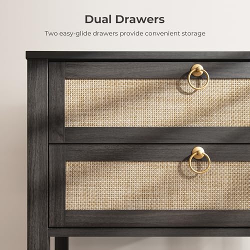 SICOTAS 26.7" Wide Rattan Nightstand with 2 Drawers & Open Shelf End Table | Large Night Stand with Storage Shelf, Coastal Boho Bedside Table for King Bed, Bedroom, Guest Room, Apartment, and End Table - color: Obsidian
