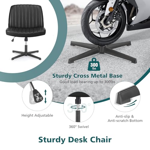 OLIXIS Criss Cross Chair, Vanity Chair, Home Office Desk | Armless No Wheels Wide Seat, Height Adjustable Swivel, Padded PU Leather, Bedroom Student Study, Black Dual Base - color: Black Dual Base