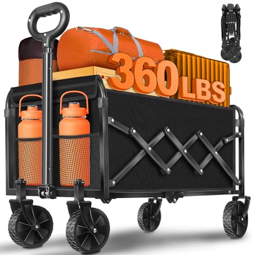Wagons Carts Foldable,360lbs Collapsible Wagon with Wheels, Lightweight Foldable Wagon Cart with Drink Holders for Camping,Travel,Picnic,Shopping,Sports,Storage,Fashion Black - color: Fashion Black