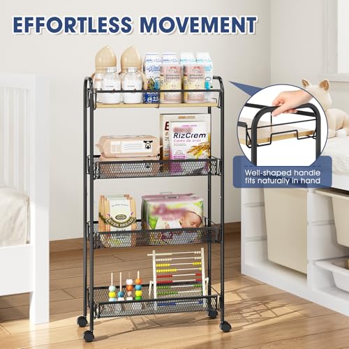 TOOLF 4-Tier Rolling Cart, Metal Utility Cart, Slide Out Storage Cart with Wooden Tabletop and Mesh Baskets, Easy Assemble Trolley for Kitchen Bathroom Laundry Room Bedroom Apartments Dormitory - size: Wide, style: Black
