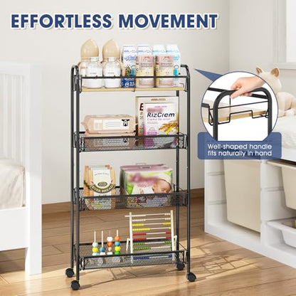 TOOLF 4-Tier Rolling Cart, Metal Utility Cart, Slide Out Storage Cart with Wooden Tabletop and Mesh Baskets, Easy Assemble Trolley for Kitchen Bathroom Laundry Room Bedroom Apartments Dormitory - size: Wide, style: Black