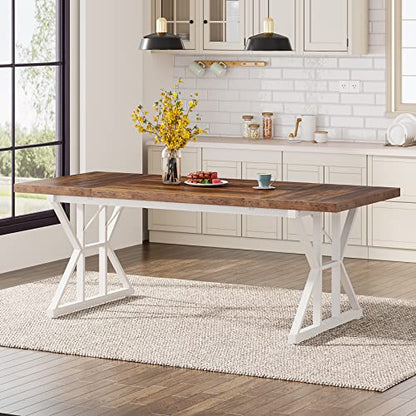 Tribesigns Farmhouse Dining Table for 6 People, 70.8-Inch Rectangular Wood Dining Table, Rustic Kitchen Table with Heavy Duty Metal Legs for Dining Room (Brown/White) - color: Brown/White