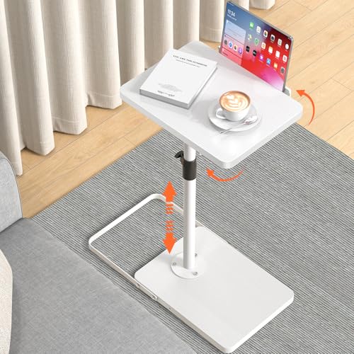 TV Tray Table for Couch, Height Adjustable/360° Swivel/180° Flip-Over Panel Design C-Shaped End Table, Sofa Arm End Side Table with Phone & Tablet Slot for Eating, Laptop,Couch Bed (White) - color: White, size: Angle Tilt 1 Pack