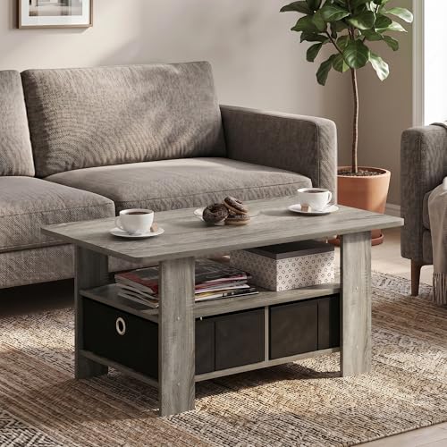 Small Modern Coffee Table with Storage, Bin Drawer Side Table, Coffee Table for Bedroom, Home Office, Living Room, French Oak - color: French Oak/Black