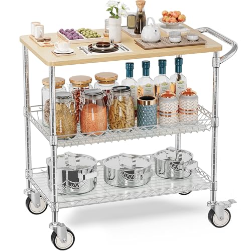Rolling Kitchen Carts with Wheels, 3-Tier Utility Cart with Wood Tabletop | NSF Commercial Metal Serving Cart with Handle and Shelf Liner for Kitchen Snacks, 34"D x 17.5"W x 32.5"H,Chrome - color: Wood-chrome