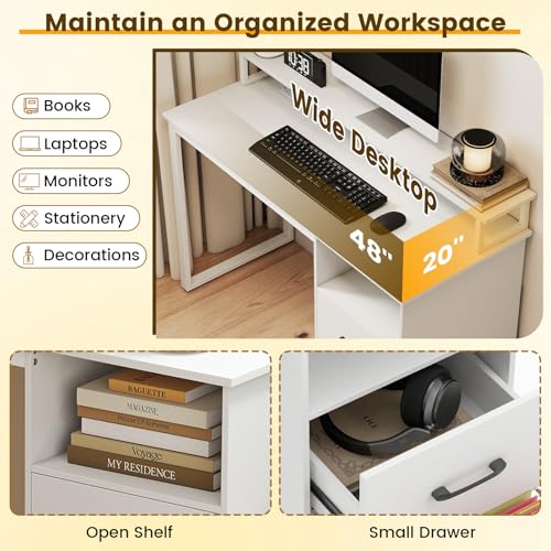 Giantex 48 Inch Computer Desk with Power Outlets & File Drawer, Home Office Desk with Monitor Stand, Gaming Desk with Storage Shelf, Modern Study Work Writing Table for Bedroom, Small Spaces, White