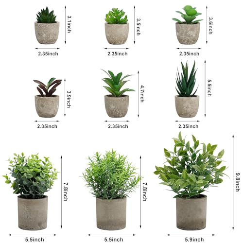 AUUGUU Artificial Potted Plants Faux Greenery in Cement Pots for Shelf, Bookshelf, Office or Home Decor, Small Decorative Fake Plants for Modern Indoor Display
