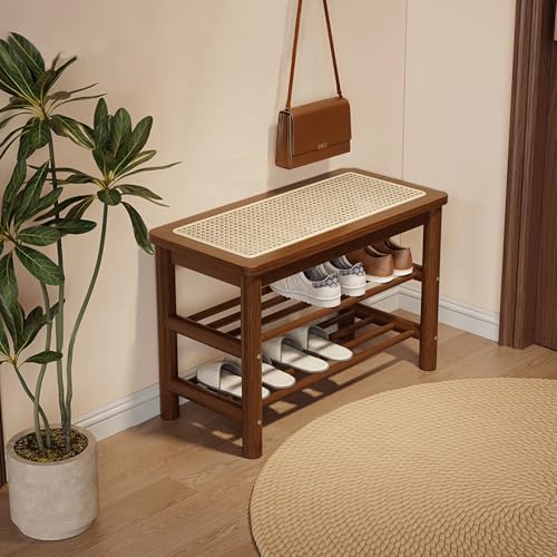 SOBIBO Bamboo Shoe Rack Bench with Rattan Seat, 3-Tier Shoe Storage Bench, Entryway Bench for Hallway Walnut-23.62 inches - color: Walnut, size: 23.6 inch