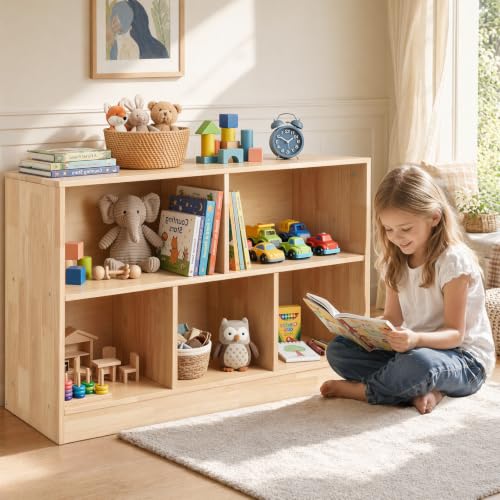 Montessori Toy Storage Organizer,Rubber Wood Kids Storage Bookshelf with 5 Compartments,Wooden Kids Storage Bookcase Cabinet for Toddler Playroom, Bedroom (Natural, 2-Tier, Rectangular-Medium)