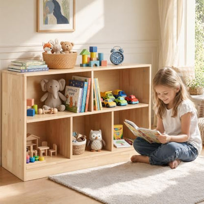 Montessori Toy Storage Organizer,Rubber Wood Kids Storage Bookshelf with 5 Compartments,Wooden Kids Storage Bookcase Cabinet for Toddler Playroom, Bedroom (Natural, 2-Tier, Rectangular-Medium)