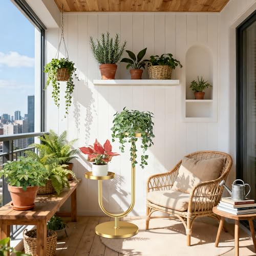 Matekxy U-Shape Metal Plant Stand Indoor Outdoor Stable Mid Century Flower Pot Feel Tool Holders Corner Tall Plant Shelves Planter Rack Display for Livingroom, Bedroom, Office - Gold