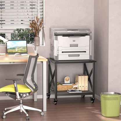 Printer Stand, 23.6 x 23.6 Inches Large Printer Stand with Storage Shelf, 2 Tier Printer Table for Home Office, Rolling Printer Cart with Industrial Wheels, Mini Fridge Stand Table, Black - color: Black