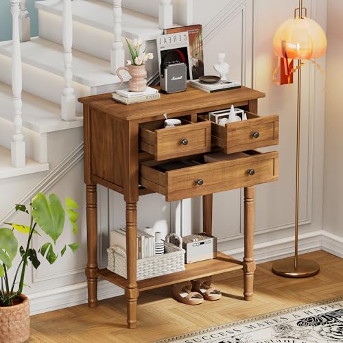 P PURLOVE Antique Narrow Console Table,Slim Sofa Entry Table with 3 Storage Drawer for Living Room,Entryway - color: Natural