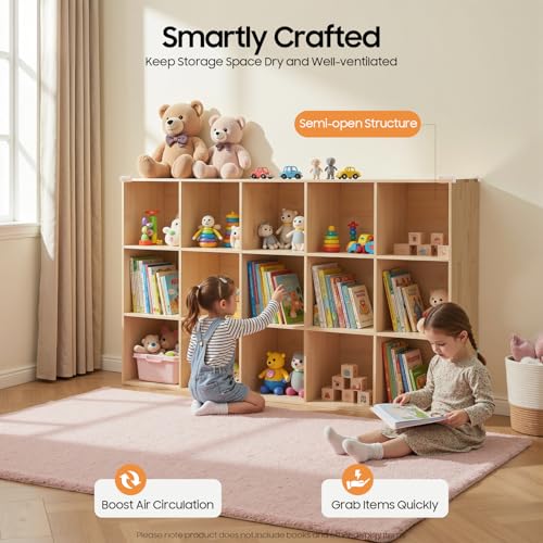 15-Cube Solid Wood Bookshelf, 3-Tier Storage Organizer Semi-Open Floor Display Shelf Closet Cabinet for Home Office Library School, 12" D x 59" W x 35" H - size: 15-Cube