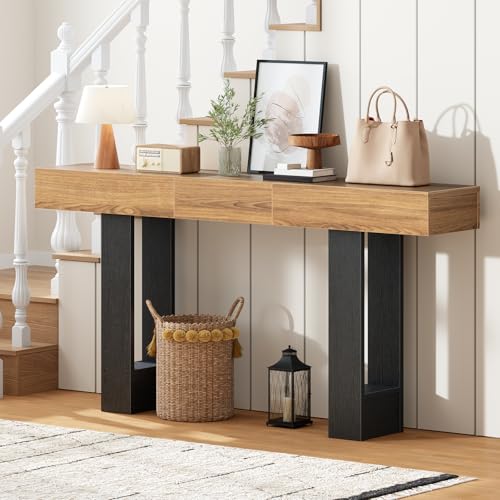 HOOBRO 63 Inch Console Table, Entryway Table with Expandable Tabletop, Long Sofa Table Behind Couch Table for Living Room, Hallway, Foyer, Black and Walnut BH176XG01