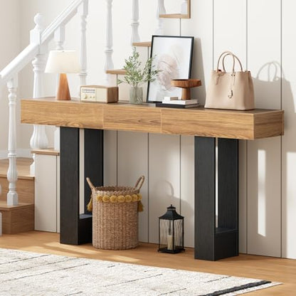 HOOBRO 63 Inch Console Table, Entryway Table with Expandable Tabletop, Long Sofa Table Behind Couch Table for Living Room, Hallway, Foyer, Black and Walnut BH176XG01