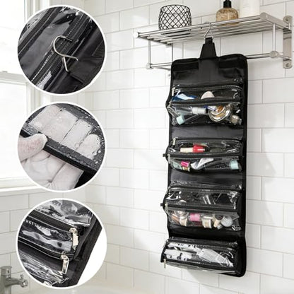 Roll Up Makeup Bag, Travel Toiletry Bag for Women with 4 Clear TSA Approved Pouches, Hanging Travel Organizer, Folding Cosmetic Bag for Men and Women - color: Black