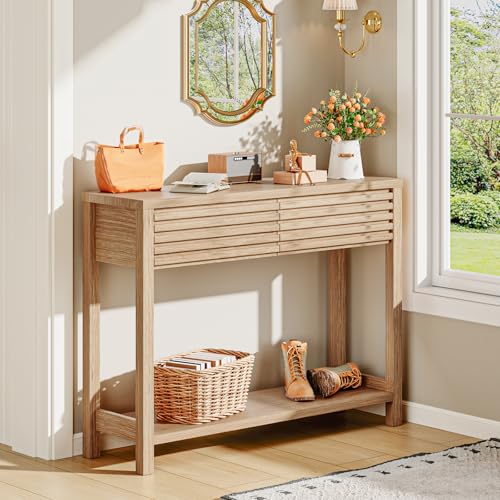 EAG 40" Fluted Console Table with 2 Drawers, Modern Wood 2 Tier Entryway Table with Storage Shelf, Narrow Sofa Tables Behind Couch for Entrance Foyer, Hallway, Living Room, Natural - color: Natural