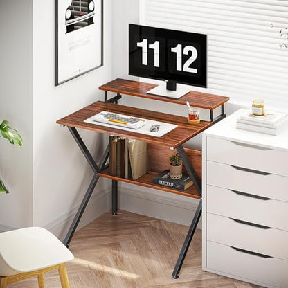 ODK Small Desk, 27.5 Inch Computer Desk for Small Spaces, Study Desk with Storage & Monitor Stand, Deep Brown - color: Deep Brown