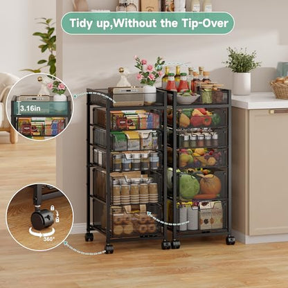 keomaisyto 6-Tier Kitchen Storage Cart with Top Basket & Drawers, Utility Fruit Vegetable Storage Rack on Lockable Wheels, Metal Rolling Snack Cart, Kitchen Organization for Potatoe Onion Can Spice - size: 6-Tier