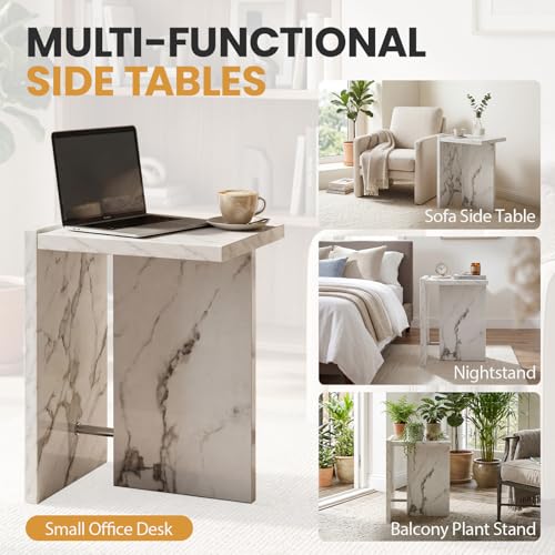 Hyfirm Modern Faux Marble Side Table Small T-Shaped End Table White | Space-Saving Accent Table with Marble Finish Nightstand for Use Beside Sofas in Living Rooms Bedrooms Apartments and Offices - color: White Marble