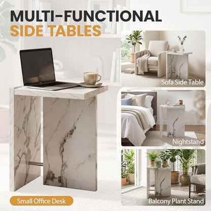 Hyfirm Modern Faux Marble Side Table Small T-Shaped End Table White | Space-Saving Accent Table with Marble Finish Nightstand for Use Beside Sofas in Living Rooms Bedrooms Apartments and Offices - color: White Marble