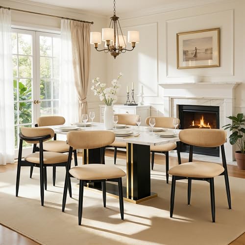 CHUN YI Dining Chairs Set of 6, Upholstered Solid Wood Dining Room Chairs, Mid Century Modern Fabric Kitchen Chairs with Ergonomic Curved Back, Khaki (Only Chairs) - color: Khaki, size: Set of 6