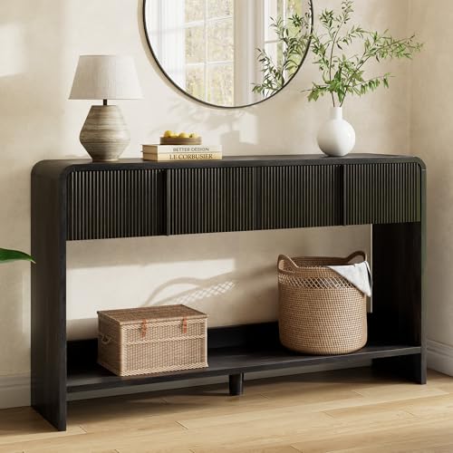 AMERLIFE 55" Fluted Entryway Console Table with 2 Drawers and Open Shelf | Modern Entryway Table with Rounded Edges, Wood Sofa Table for Hallway, Foyer, Behind Couch, Living Room, Black - color: Black - Fluted Panel, size: 55"