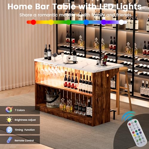 Home Bar Unit with LED Lights and Charging Station, Imitation Marble Mini Coffee Bar Pub Table with 2-Tier Storage, Footrest, Drop Leaf Kitchen Islands for Dining Room, Bistro, Living Room