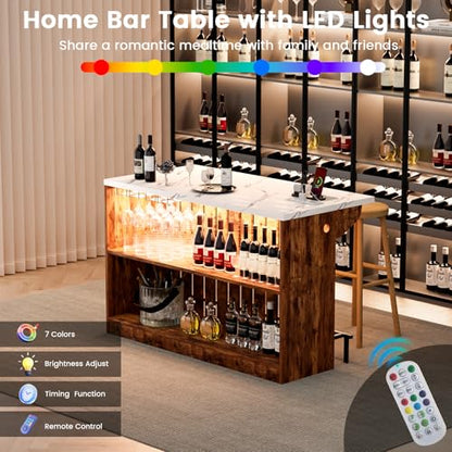 Home Bar Unit with LED Lights and Charging Station, Imitation Marble Mini Coffee Bar Pub Table with 2-Tier Storage, Footrest, Drop Leaf Kitchen Islands for Dining Room, Bistro, Living Room