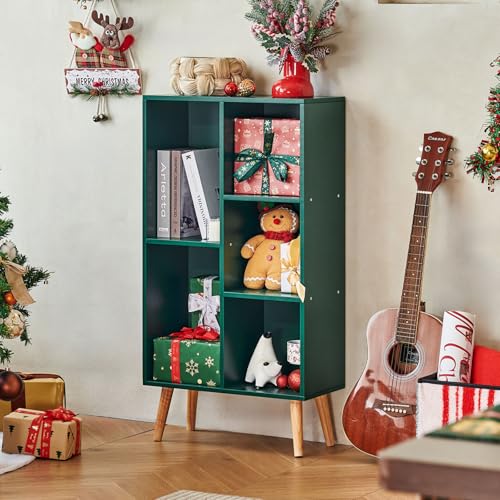 LEYAOYAO 5 Cube Bookshelf,Mid-Century Modern Bookcase with Legs,Dark Green | 3 Tier Book Shelf,Rustic Wood Bookshelves Freestanding Small Storage Organizer, Open Shelves for Bedroom, Living Room, Office - color: Dark Green, size: 5 Cube with Legs