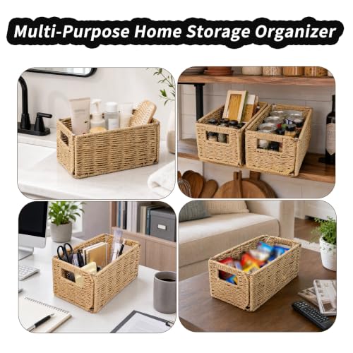2-Pack Paper Rope Wicker Toilet Paper Baskets, 11.2x6x4.8in, Natural Brown | Narrow woven foldable storage baskets for shelves, countertops and toilet tank tops; rectangular organizer bins for bathrooms