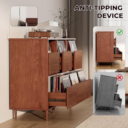 BROTTAR 47.2" Large Record Player Stand, 7“/10"/12" Vinyl Record Storage Cabinet, Mid Century Turntable Stand, Vinyl Record Holder, Media Cabinet with DVD Drawers for Living Room, Music Corner, Brown
