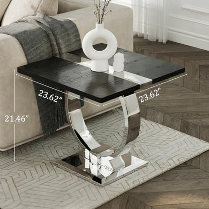 Asday Black End Table, Modern Wood Side Table, Silver End Table with U-Shaped Stainless Steel Base - color: Black and Silver, size: Set of 1