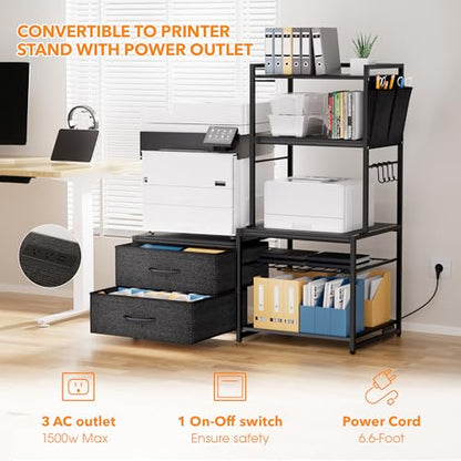 POZILAN 47" Adjustable Mini Fridge Stand with Storage, 5-Tier Mini Fridge Shelf with Power Outlet, Sturdy Coffee Bar Station with Pod Storage, Microwave Stand for Dorm, Office, Kitchen, Black