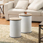 Glitzhome Rustic Storage Ottoman Seat Stool, Farmhouse End Table, Galvanized Dark Blue Rim Imitation Enamel Accent Side Table Toy Box Bin with Round Wood Lid for Living Room, Set of 2, White - color: White