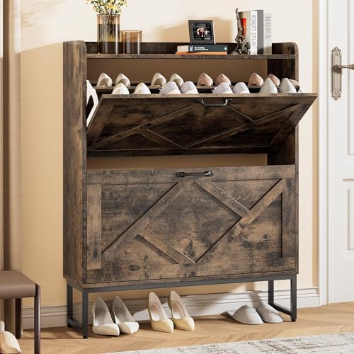 Nicetree Shoe Cabinet with 2 Flip Drawers, Entryway Organizer, Chestnut | Slim Wood Shoe Rack with Metal Legs, Farmhouse Shoe Cabinet Storage for Entryway, Foyer, Hallway, Shoe Dresser with Hook - color: Chestnut