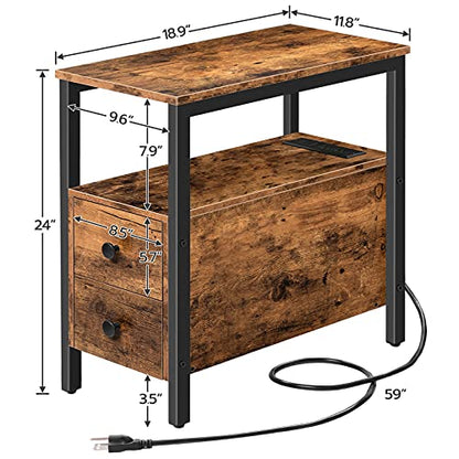 HOOBRO Set of 2 End Tables with Charging Station, Narrow Side Table with Drawers, Power Outlets, Nightstand for Small Spaces, Living Room, Stable and Sturdy, Rustic Brown and Black BF541BZP201 - color: Rustic Brown + Black