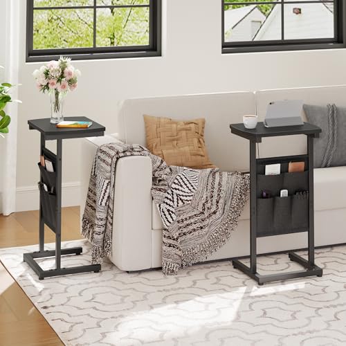 HOOBRO C Shaped End Table, 28.3" Side Table for Small Spaces, Couch Table, Slide Under Sofa Tray Table, Storage Bag, for Living Room, Bedroom, Black BB40SF01 - color: Black